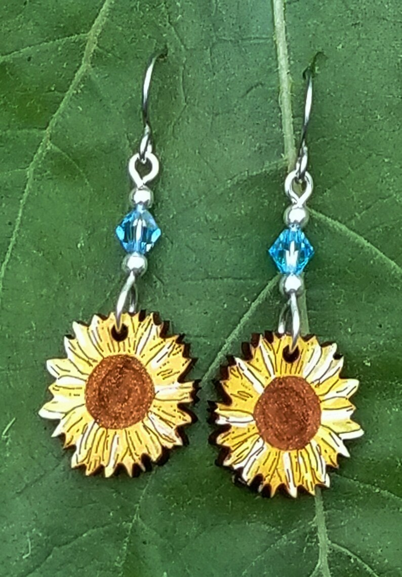 Sunflower Earrings Laser Cut Hand Painted Wood Jewelry Swarovski Beads