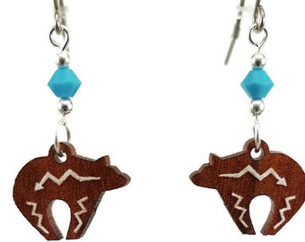 Zuni Bear EARRINGS are Laser Cut Cherry Wood Earrings on Laser Engraved Wood with Swarovski Beads -Gift for Her with Southwest Designs