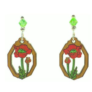 WOOD POPPY FLOWER Laser Cut Earrings - Hand Painted Gift for Her with crystal beads- Choose necklace or earrings for the same price.