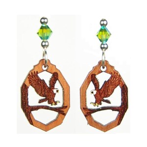 Eagle  EARRINGS - Laser Cut Wood Dangle Earrings with Laser engraved Hand Painted Flying Eagle design