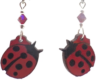 LADY BUG EARRINGS - Laser Cut Earrings are Hand Painted Jewelry with Blue Swarovski Crystal Beads & Natural Cherry Wood