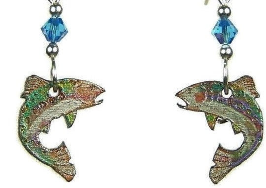 TROUT EARRINGS Rainbow Trout Laser Carved Wood Earrings Nature Jewelry