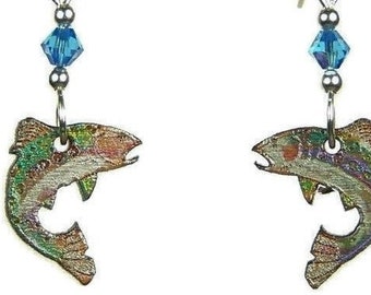 TROUT EARRINGS - Rainbow Trout Laser Carved Wood Earrings - Nature Jewelry - HandCrafters Gifts laser engraved wood Jewelry