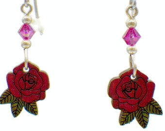 ROSE Laser Carved  Wood Earrings - Gift for Her with Swarovski crystal- Choose your own Swarovski bead colors