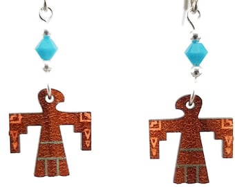 Thunderbird EARRINGS are Laser Cut Cherry Wood Earrings on Laser Engraved Wood with Turquoise  Beads -Gift for Her with Southwest Designs