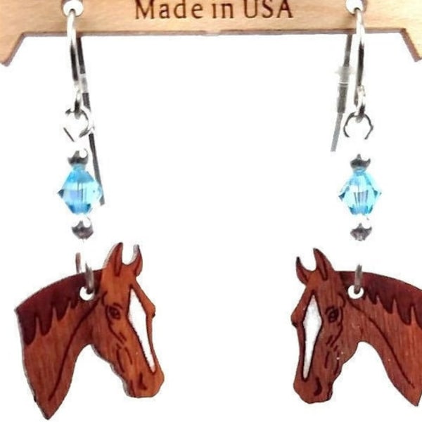 HORSE Head Earrings - Laser Cut Wood Dangle Earrings  with your choice of Swarovski Beads -  Laser engraved  Hand Painted Earrings