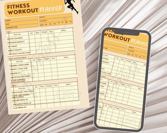 May include: A printable fitness workout planner with a yellow and brown color scheme. The planner includes sections for goals, calories, days of the week, exercises, sets, reps, weight, time, and notes. The planner is designed to help people track their fitness progress.