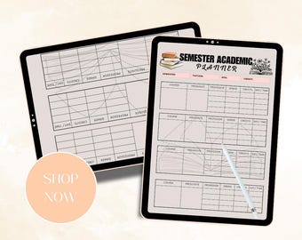 May include: A digital planner template for academic planning. The template includes sections for semester, tuition, GPA, credits, course, prerequisite, professor, grade, day, and time. The template is designed to help students organize their academic schedule and track their progress.