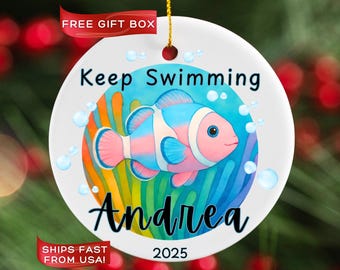 Personalized Clownfish Ornament - Keep Swimming Gift, Motivational Ceramic