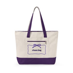 chaos bag Zippered Tote | canvas, embroidered bow patch
