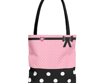 Bolso tote con lazo de lunares rosas / Bolso tote de hombro informal de viaje con lunares blancos y negros