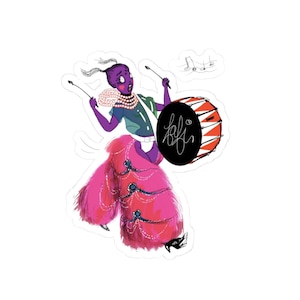 May include: A sticker featuring a whimsical illustration of a purple figure playing a large drum. The figure wears a green top, pink skirt, and a pearl necklace. The drum is black with red and white accents and the text "loli" in white.