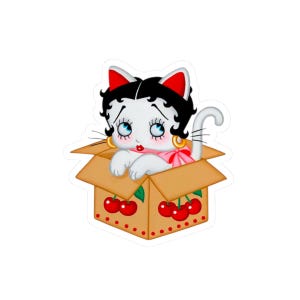 Kiss-Cut Stickers, Betty Boop Cat in Box Tattoo Style, Fun Sticker Pack for Cat Lovers, Unique Laptop Decals, Water Bottle Stickers,