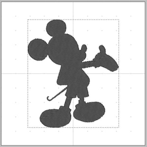 May include: A black silhouette of Mickey Mouse in a classic pose, with his arm raised and a golf club. The image is a detailed outline, perfect for crafting projects or themed merchandise.