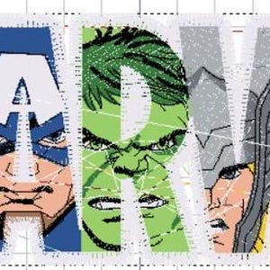 May include: A colorful image of the word "MARVEL" with the faces of Iron Man, Captain America, Hulk, Thor, Black Panther, and Scarlet Witch.