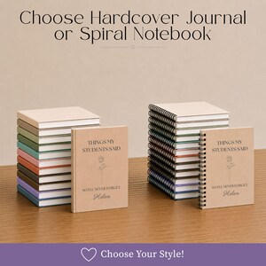 May include: A collection of hardcover journals and spiral notebooks in various colors. The front covers feature the text "THINGS MY STUDENTS SAID SO I'LL NEVER FORGET" with a line drawing of a flower and the name "Helen" printed in black ink.