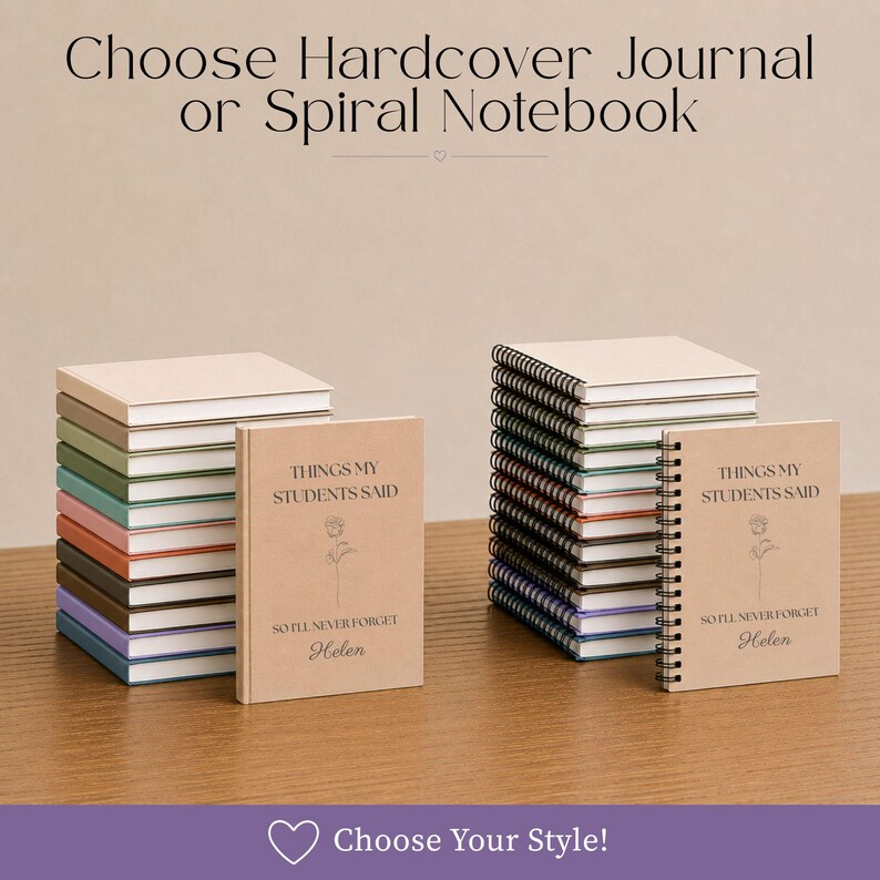 May include: A collection of hardcover journals and spiral notebooks in various colors. The front covers feature the text "THINGS MY STUDENTS SAID SO I'LL NEVER FORGET" with a line drawing of a flower and the name "Helen" printed in black ink.