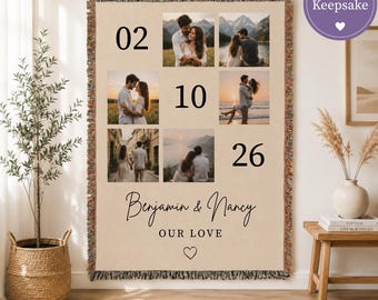 Personalized Photo Blanket Custom Couple Throw Anniversary Date Gift 2nd Marriage Wedding Keepsake Engagement Present Name Picture Woven