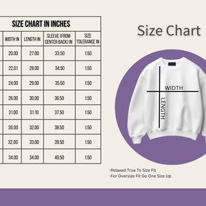 May include: A size chart in inches for a sweatshirt, with measurements for width, length, and sleeve length. The chart includes sizes S through 5XL. A white sweatshirt graphic is shown with width and length indicators.