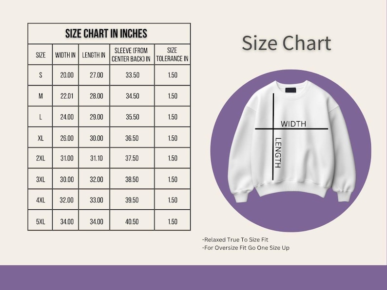 May include: A size chart in inches for a sweatshirt, with measurements for width, length, and sleeve length. The chart includes sizes S through 5XL. A white sweatshirt graphic is shown with width and length indicators.