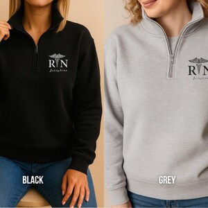 Nursing Staff Quarter Zip Pullover Custom Embroidered Name Black Fleece Medical Jacket Personalized Caduceus Symbol RN Professional Apparel Healthcare Gift Work Uniform Layer Comfortable Registered Nurse Clothing Medical Team Wear