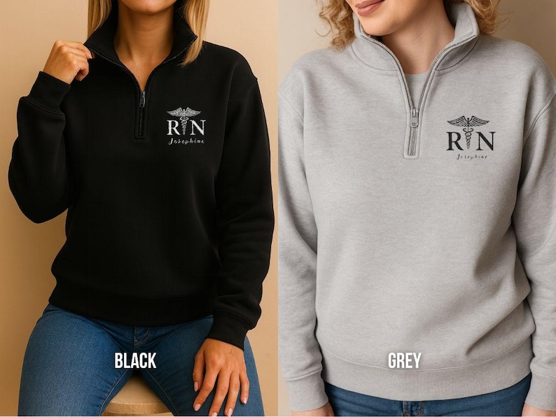 Nursing Staff Quarter Zip Pullover Custom Embroidered Name Black Fleece Medical Jacket Personalized Caduceus Symbol RN Professional Apparel Healthcare Gift Work Uniform Layer Comfortable Registered Nurse Clothing Medical Team Wear