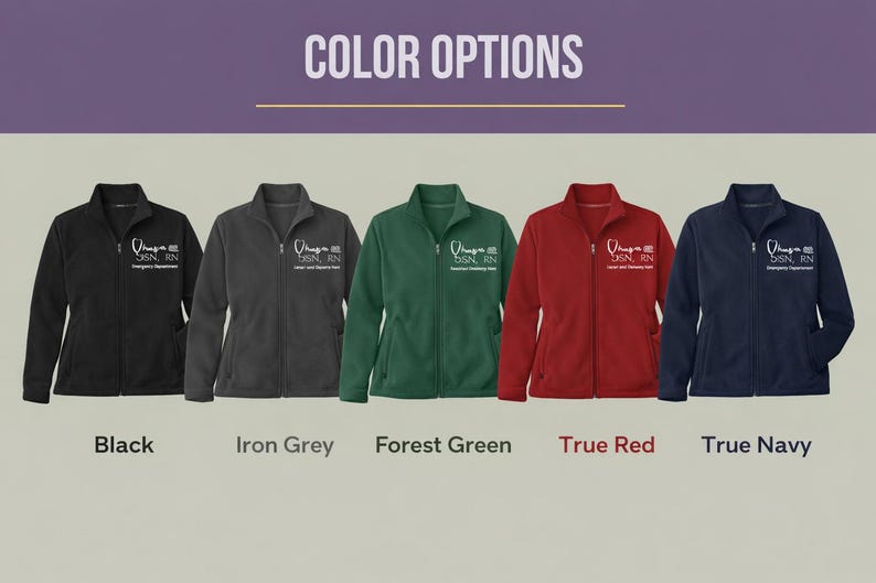 Personalized nurse zip jacket available in black, iron grey, forest green, true red and true navy color options