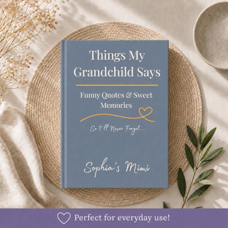 May include: A blue hardcover book titled Things My Grandchild Says, featuring the subtitle Funny Quotes & Sweet Memories, a yellow line with a heart icon, the phrase So I'll Never Forget..., and the personalized name Sophia's Mimi in white text.