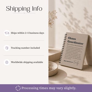 May include: A spiral-bound notebook with a beige cover featuring the text Chaos Coordinator, a phonetic pronunciation guide, a definition of the term, and the phrase Also known as: Emily printed in a dark grey font on the front cover.