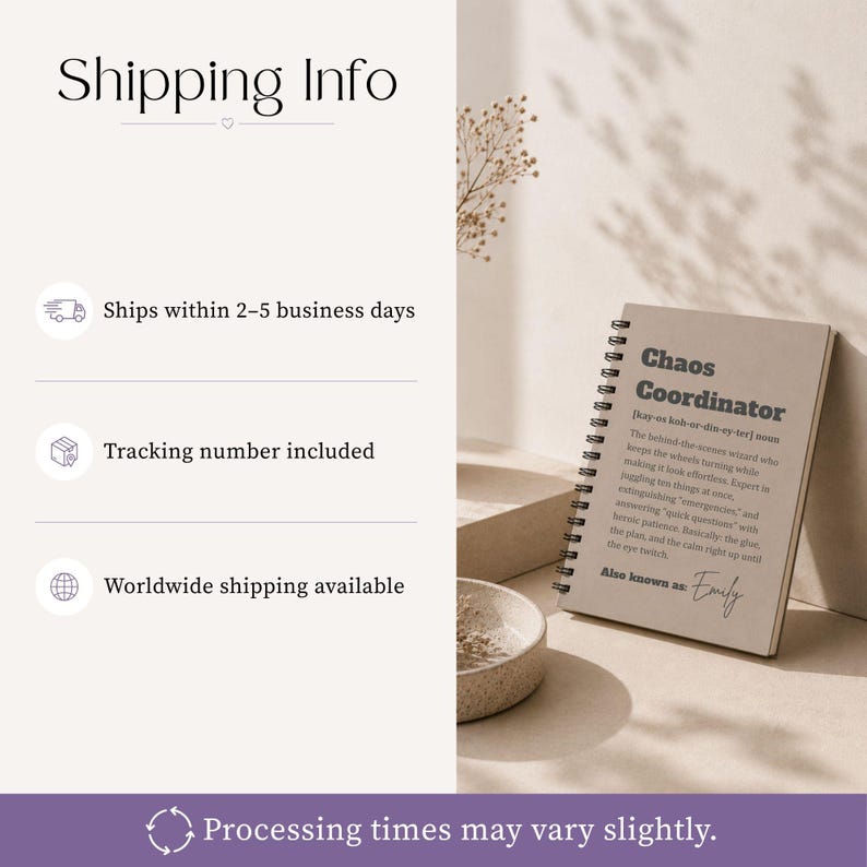 May include: A spiral-bound notebook with a beige cover featuring the text Chaos Coordinator, a phonetic pronunciation guide, a definition of the term, and the phrase Also known as: Emily printed in a dark grey font on the front cover.