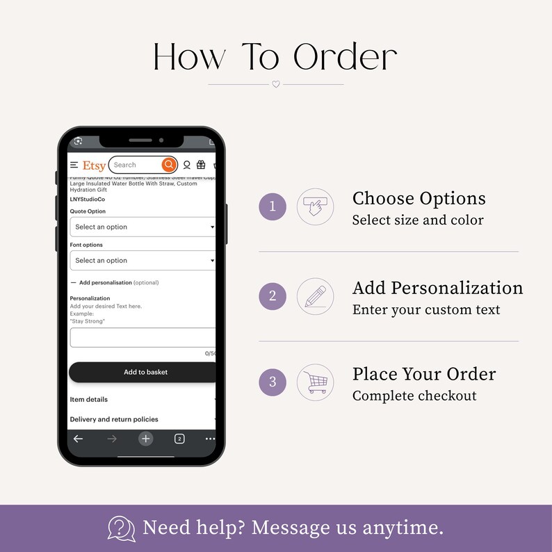 May include: An instructional graphic titled How To Order showing a smartphone screen displaying an Etsy product page with personalization fields. Three numbered steps illustrate choosing options, adding custom text, and placing an order, with a help message.
