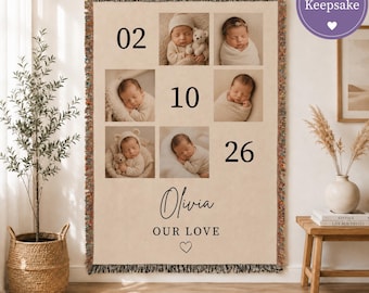 Personalized Baby Blanket Birth Announcement Gift Newborn Name Tapestry Nursery Wall Hanging Keepsake Photo Throw Shower Custom Woven Cotton