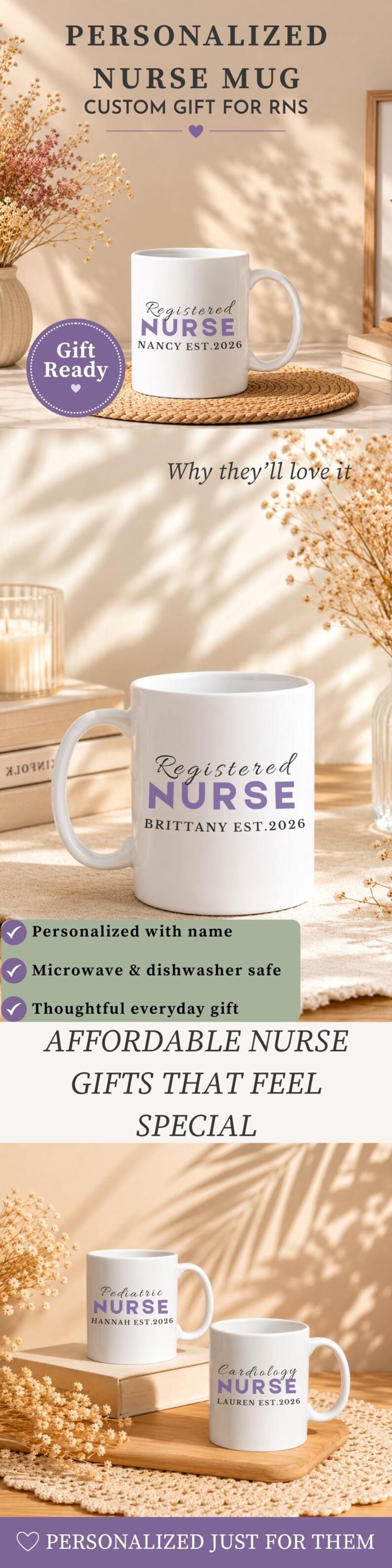 Puede incluir: Una taza de cer&aacute;mica blanca con el texto Registered NURSE en morado y negro, incluyendo un nombre personalizado y el a&ntilde;o EST.2026. El dise&ntilde;o se muestra en varias tazas, exhibiendo variantes como Pediatric NURSE y Cardiology NURSE.