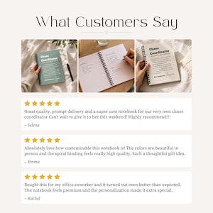 May include: A spiral-bound notebook titled Chaos Coordinator with customizable text. The cover is available in sage green or white. The interior features lined pages for planning and gratitude lists. The notebook is shown in three different views.