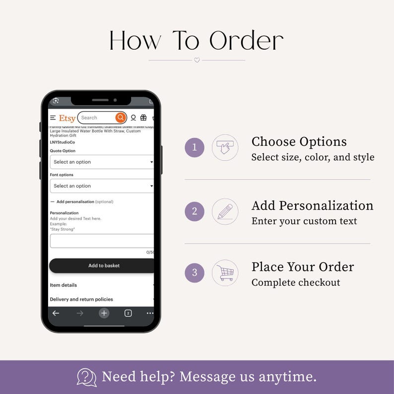 May include: An instructional graphic titled How To Order showing a smartphone displaying an Etsy product page with dropdown menus for quote and font options, plus three numbered steps for choosing options, adding personalisation, and placing an order.