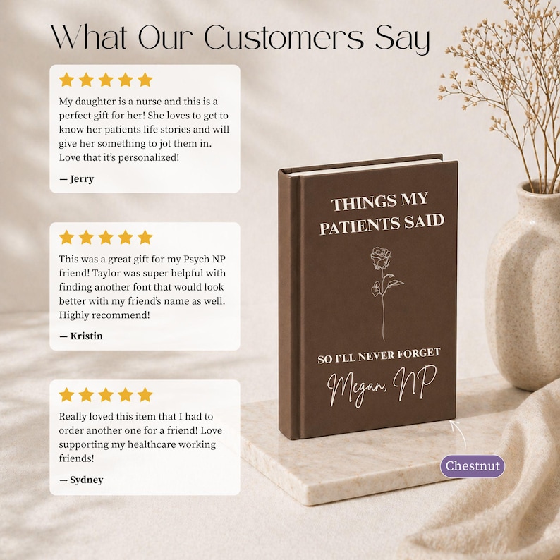 May include: A graphic with the text "WHAT OUR CUSTOMERS SAY" and customer testimonials about a journal. The bottom of the graphic reads "PERFECT FOR GIFTING - A JOURNAL THAT INSPIRES EVERY DAY!"