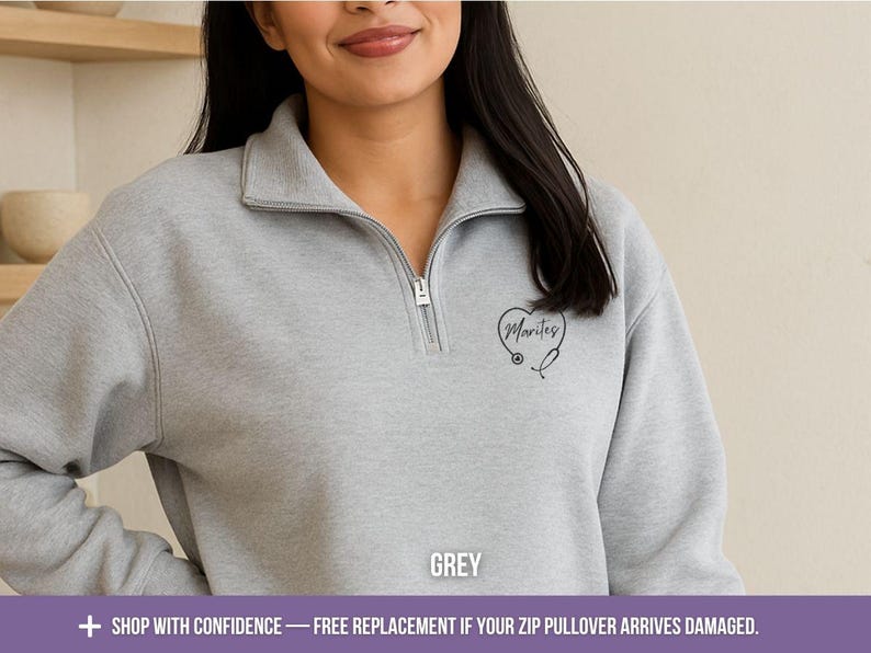 Quarter Zip Pullover Personalized Nurse Gift Custom Name Embroidered Stethoscope Heart Design Medical Professional Fleece Jacket Healthcare Worker Appreciation Present Unisex Fit Comfortable Layer Nursing Apparel Birthday Gift Graduation