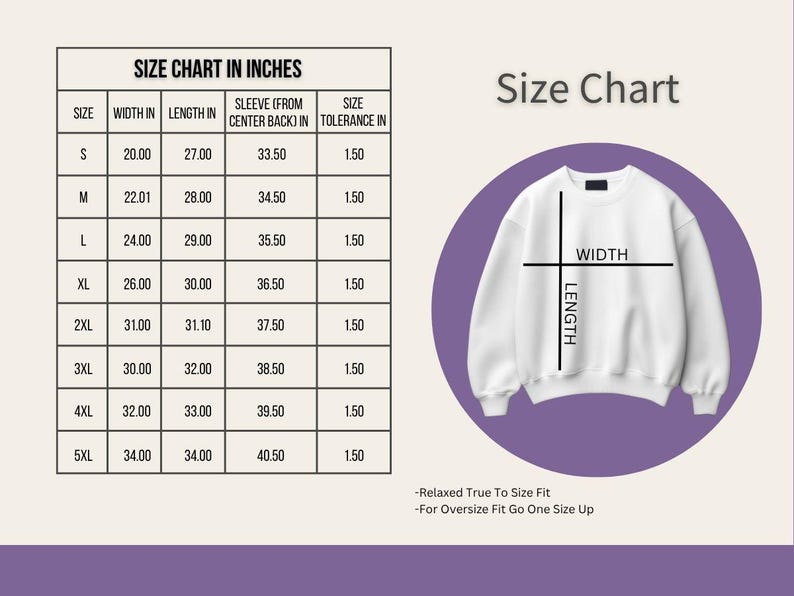 May include: A size chart in inches for a sweatshirt, detailing width, length, and sleeve measurements. Sizes range from S to 5XL. A white sweatshirt graphic is displayed with width and length indicators, alongside the text 'Size Chart'.