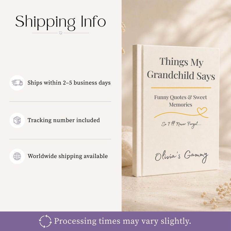 May include: A white hardcover book with the title Things My Grandchild Says printed in dark gray text. Below the title, the text reads Funny Quotes & Sweet Memories with a gold line and heart graphic, followed by So I'll Never Forget and Olivia's Gammy.