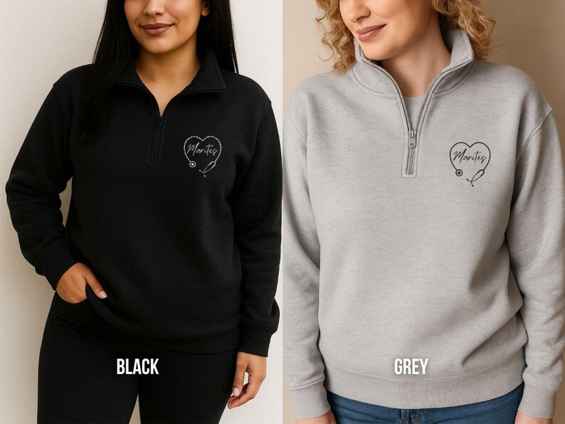 Nurse Quarter Zip Custom Name Embroidered Pullover Stethoscope Heart Design Medical Professional Gift Healthcare Worker Appreciation Fleece Jacket Personalized Nursing Apparel Unisex Comfortable Fit Layer Over Scrubs Birthday Present