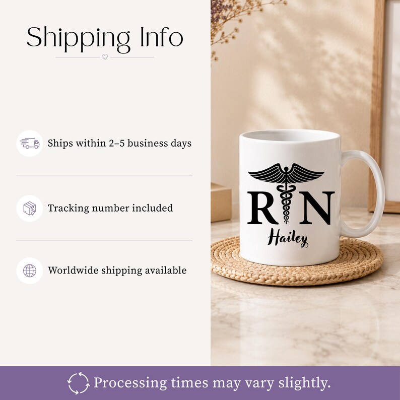 May include: A white ceramic mug featuring a black caduceus symbol positioned between the letters R and N, with the name Hailey printed in a black script font below. The mug has a standard handle and sits on a round, woven, light brown coaster.