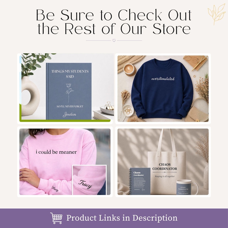 K&ouml;nnte beinhalten: Werbebild mit verschiedenen Produkten. Gezeigt werden ein blaues Notizbuch, ein marineblaues Sweatshirt mit "overstimulated", ein rosa Sweatshirt mit "i could be meaner" und eine Tragetasche mit "CHAOS COORDINATOR".