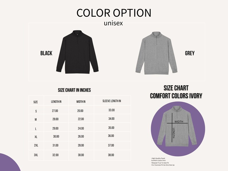 May include: Black and grey unisex quarter-zip pullovers. The image includes a size chart in inches, with measurements for length, width, and sleeve length. The text "COLOR OPTION unisex" is at the top.