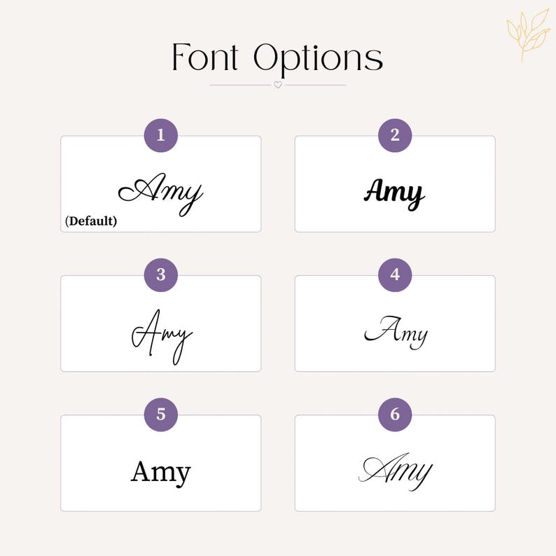 K&ouml;nnte beinhalten: Grafik mit Schriftoptionen, die sechs verschiedene Schriftarten f&uuml;r den Namen "Amy" zeigt. Jeder Stil wird in einem wei&szlig;en Rechteck vor einem hellvioletten Hintergrund dargestellt. Der Text "Font Options" steht oben.