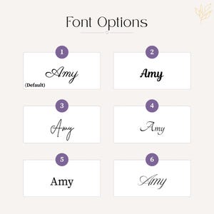 May include: A chart titled Font Options displaying six distinct black typeface styles for the name Amy, each labeled with a purple numbered circle. Option 1 is marked as Default. The layout features a clean white background with a small gold leaf icon.