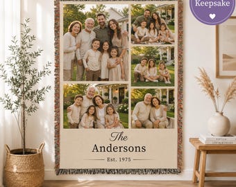 Custom Photo Blanket Personalized Family Throw Woven Cotton Fringe Memory Keepsake Grandparent Gift Anniversary Date Wedding Commemoration