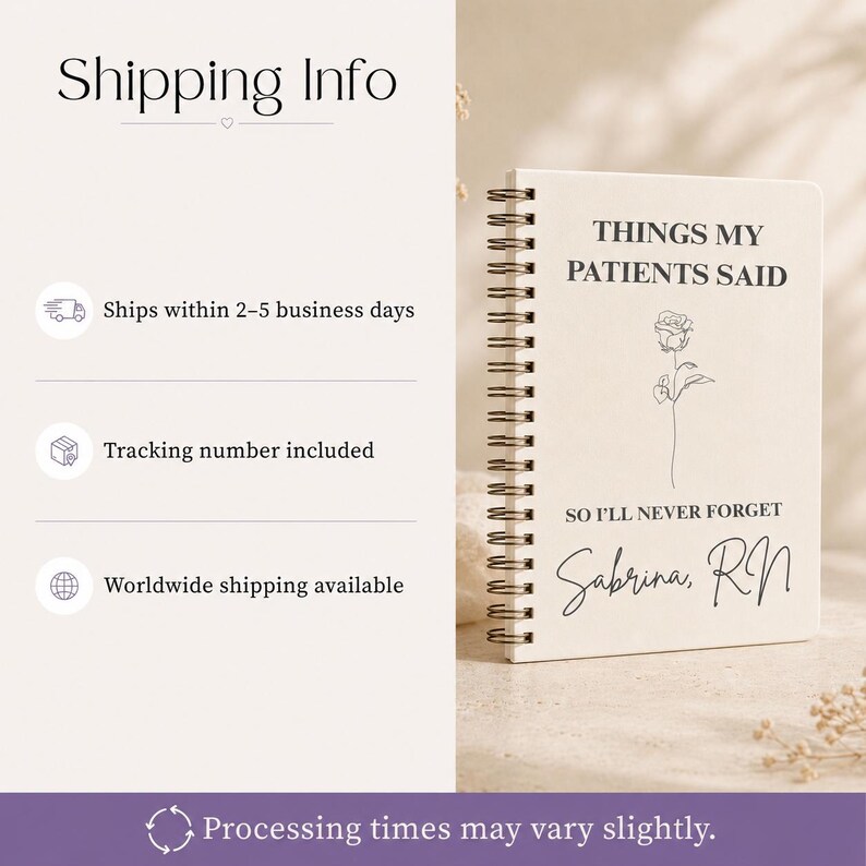 May include: A white spiral-bound notebook with black text that reads THINGS MY PATIENTS SAID, SO I'LL NEVER FORGET, and Sabrina, RN. A thin black line drawing of a single rose is centred between the text. The notebook has a black metal coil.