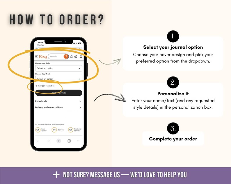 How to order graphic for a respitory therapist shirt showing a mobile Etsy listing screen with steps to select options, add personalization, and complete the order, with clear step-by-step instructions and messaging for customer support.