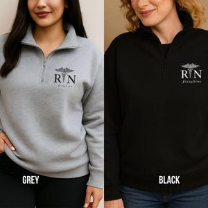 Personalized Quarter Zip Black Pullover Custom Name Embroidered Caduceus Symbol Medical Fleece Jacket Registered Nurse Gift Professional Healthcare Apparel Nursing Staff Uniform Work Layer Comfortable RN Team Clothing Medical Professional