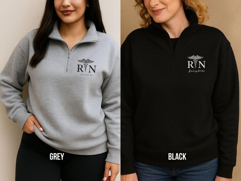 Personalized Quarter Zip Black Pullover Custom Name Embroidered Caduceus Symbol Medical Fleece Jacket Registered Nurse Gift Professional Healthcare Apparel Nursing Staff Uniform Work Layer Comfortable RN Team Clothing Medical Professional